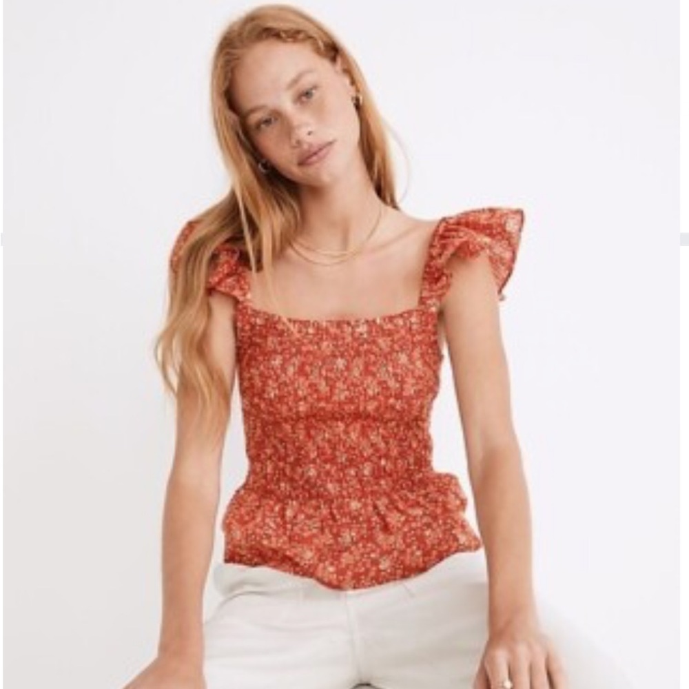MADEWELL Lucie Rust Floral Smocked Blouse. Size 7. Style NF227